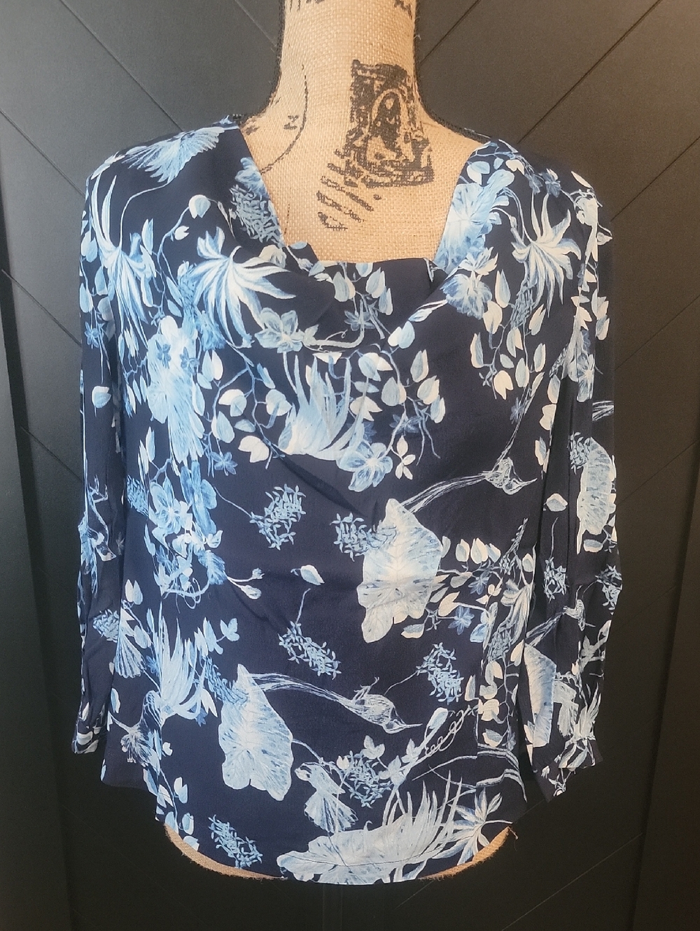 Navy Blue Floral Cowl Neck Blouse NWT  Small
